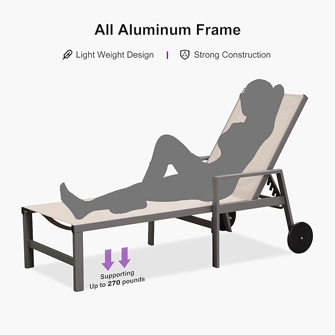 PURPLE LEAF Outdoor Chaise Lounge Set for 2 Aluminum Patio Chaise Lounger Chair with Armrest and Wheels Adjustable Pool Chaise Lounge Chairs for Beach Yard Poolside Table Included, Khaki