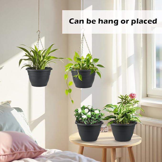 RooTrimmer Hanging Planters 10 Inch, 4 Pcs Flower Pots with Drainage Hole, Self Watering Hanging Basket for Indoor Outdoor Plants, Decor, Gray