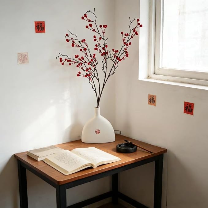 KYMY Artificial Red Berry Branch 27.5 Inch, Faux Winter Berry Stem for 2026 Chinese Vietnamese New Year Decorations, Realistic Holiday Floral Pick for Vase Table Home Party Decor
