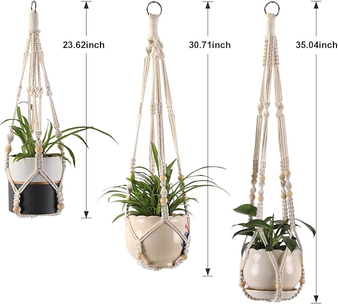 MKO SHUN 3-Pack Macrame Plant Hanger Indoor - Hanging Planter Basket for Indoor Outdoor - Decorative Boho Plant Holders Set with Beads - Ceiling Flower Pot Holder with 6 Hooks - 35"/30"/24" White
