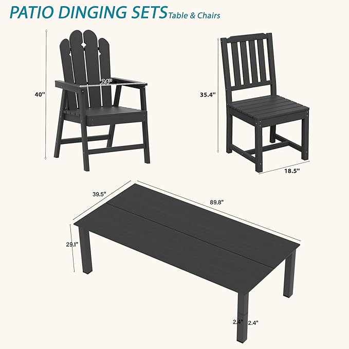 11-Piece Patio Dining Set for 10, HDPE All-Weather Outdoor Furniture with Umbrella Hole Table, 89.76” Oversized Table, 2 Armchairs & 8 Armless Chairs, Black
