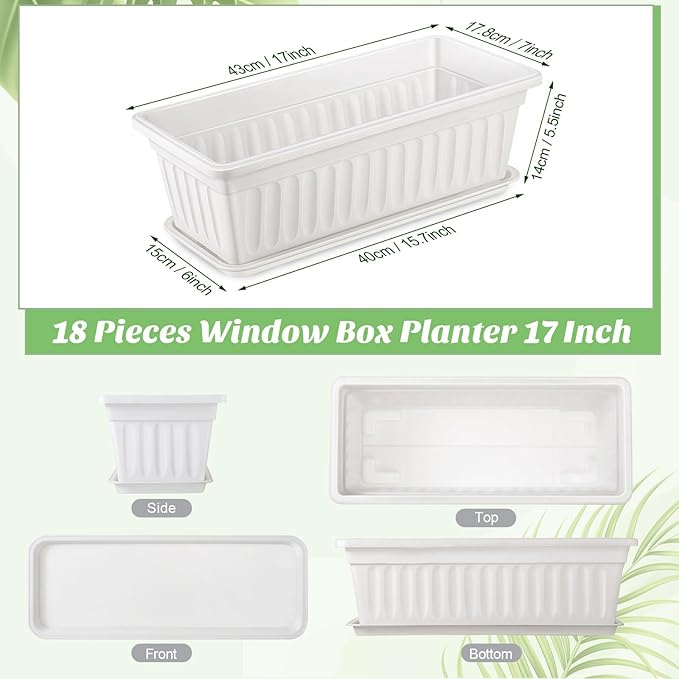 Lallisa 18 Pack Window Box Planter 17 Inches Plastic Vegetable Flower Planter Boxes with Tray White Rectangle Indoor and Outdoor Flower Pots for Windowsill, Patio, Porch, Garden, Balcony
