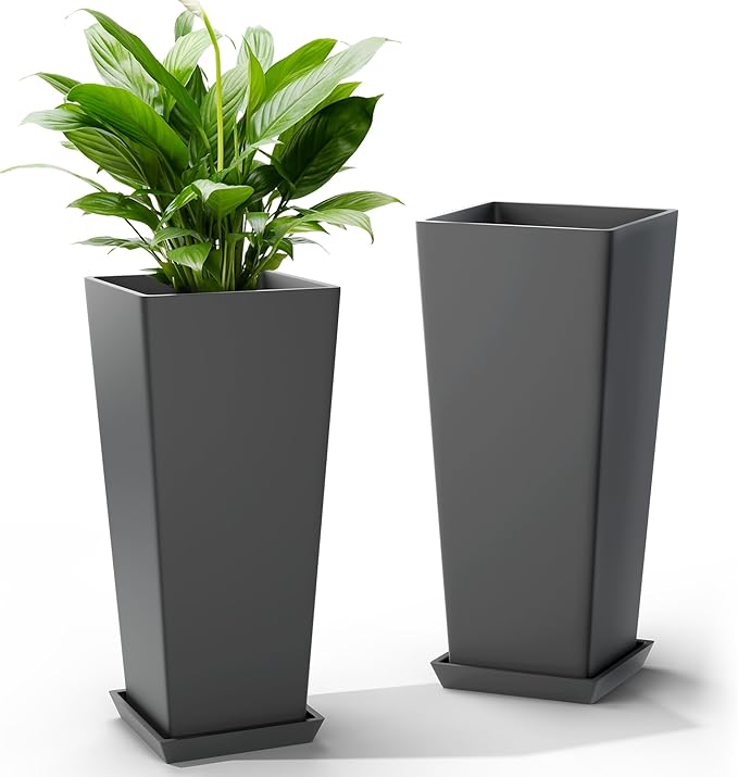 TUYOHW 24 Inch Tall Tapered Square Planters (Set of 2) - Indoor Outdoor Large Flower Pots with Built-in Drainage & Matching Water Tray for Patio, Garden, Home - Gray