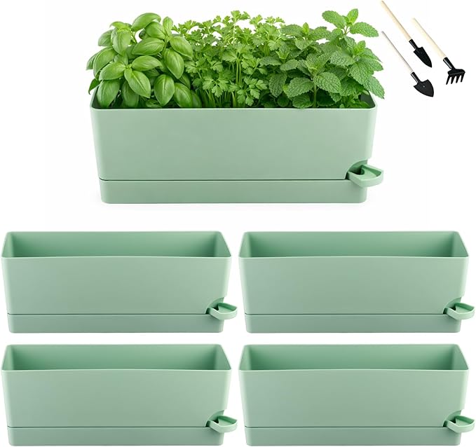 Party Zealot Window Boxes Planters, 5 Pack Self Watering Pots for Indoor Plants 17 Inch Rectangular Planter Rectangle Flower Pots Long Plant Pot Large Window Sill Herb Planter Box, Green