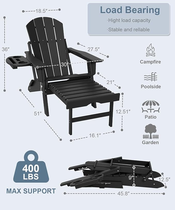 Adjustable Adirondack Chair with Retractable Ottoman Set of 6, HDPE Folding Adirondack Chair with Cup Holder, All Weather Fire Pit Chair for Outdoor.