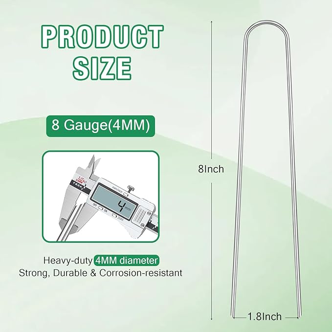8 Gauge Landscape Staples, FUIJOL 8 Inch 15 25 50 100 Pack Heavy Duty U-Shaped Landscape Stakes, Galvanized Garden Staples for Weed Barrier Stakes, Ground Cover, Irrigation Tubing, Fence (25, 8 Inch)