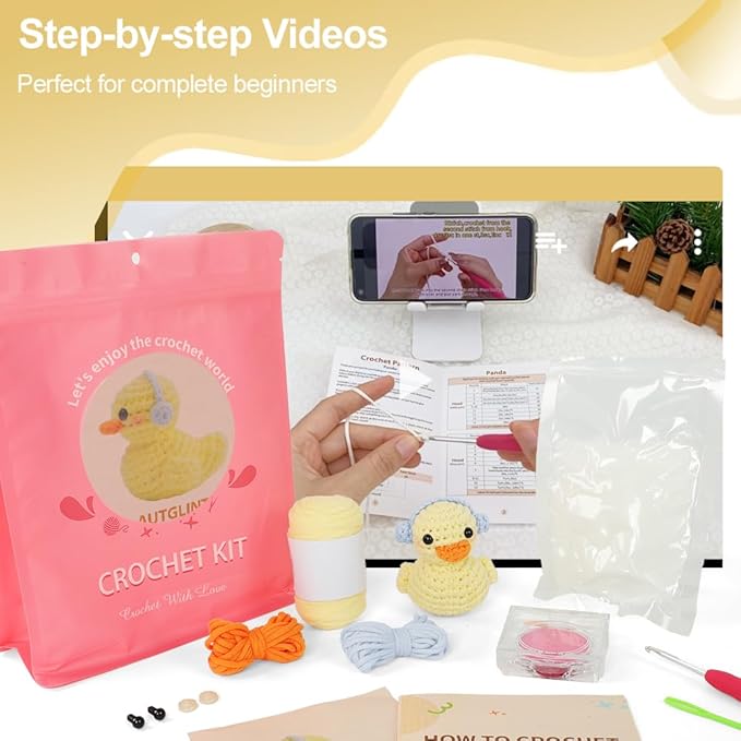 Duck Crochet Kit for Beginners - Complete Amigurumi Starter Set with Step-by-Step Video Tutorials | Easy-to-See Anti-Split Yarn & Pre-Started Magic Loop | Ideal Creative DIY Gift for Adults & Kids