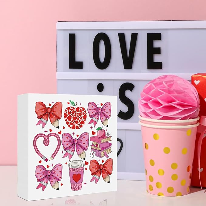 Teacher Valentine Decor Gift, Vintage Valentines Day Gifts for Teachers, Teacher Appreciation Gifts, Birthday Thank You Gift, Pink Heart Bow Pencil Wooden Box Sign for Office Desk Decor