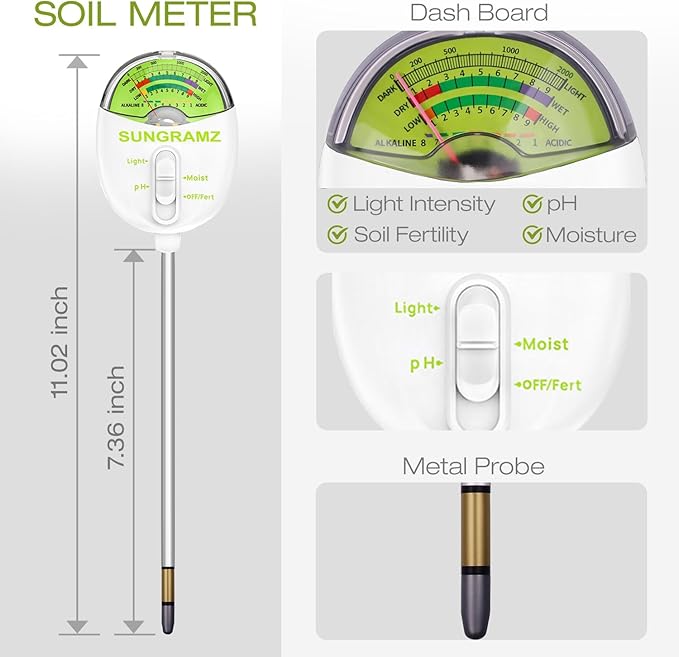 Sungramz Soil Moisture Meter for Plants, 4-in-1 Moisture/pH/Fertility/Sunlight Dial Display, pH Soil Tester for Garden, Lawn, Farm, Indoor & Outdoor Use, No Battery Required, White