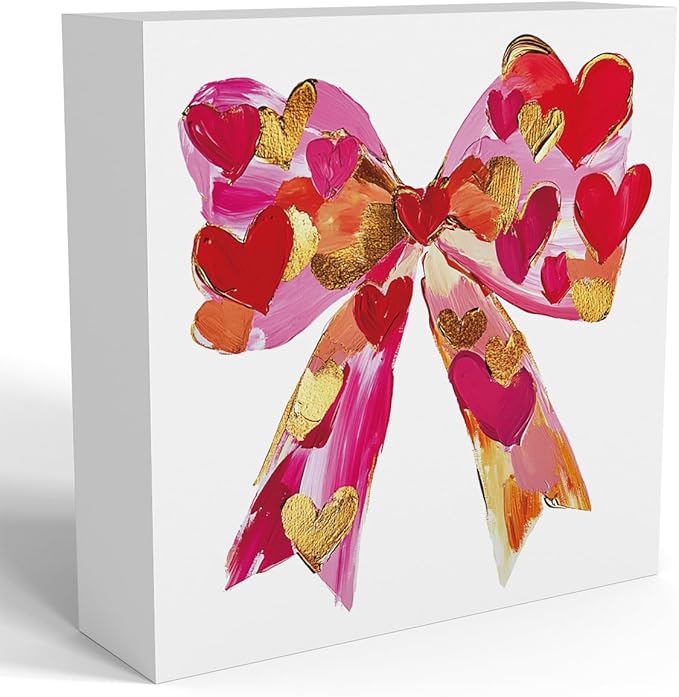 Valentines Day Decorations, Valentines Day Gifts for Her Him, Gift for Boyfriend Girlfriend, Romantic Pink Heart Bow Brushstroke Anniversary Wooden Box Sign Husband Wife Home Office Desk Decor