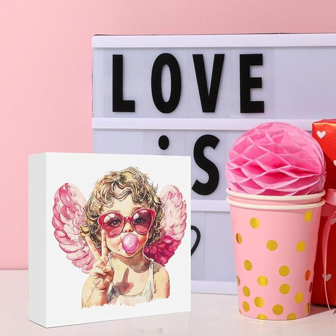 Valentines Day Decorations, Valentines Day Gifts for Her Him, Gift for Boyfriend Girlfriend, Pink Rustic Cupid Blowing Bubble Anniversary Wooden Box Sign Husband Wife Home Office Bedroom Desk Decor