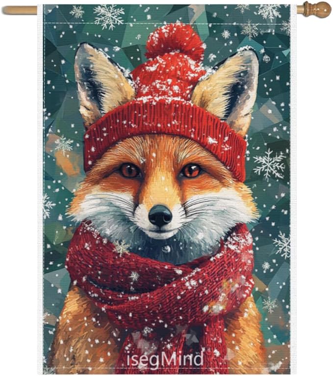 Fox with Red Scarf and Hat Snowflake Christmas Garden Flag, 28x40 Inch Double Sided Linen Holiday Red Winter Farmhouse Yard Outdoor Decoration (4324)