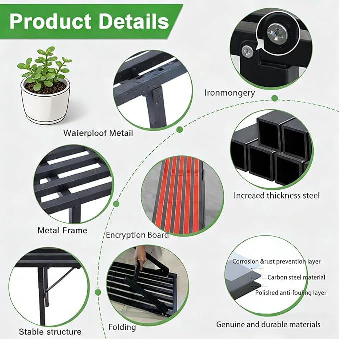 Single Tier Metal Plant Stand, Long Narrow Foldable Plant Stand for Indoor Outdoor, Heavy Duty Waterproof Plant Holder for Living Room Balcony Garden Window Patio，Plant Lovers, Display Stand (L33”xH11.7"xW9.7")
