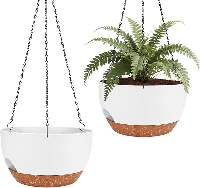 Lucieblessdesign Hanging Planters for Outdoor Indoor Plants, 2 Pack 10 Inch Hanging Basket Plants Outdoor, Self Watering Hanging Planter with Plant Hanger for Garden Home Decoration (White, 10 inch)