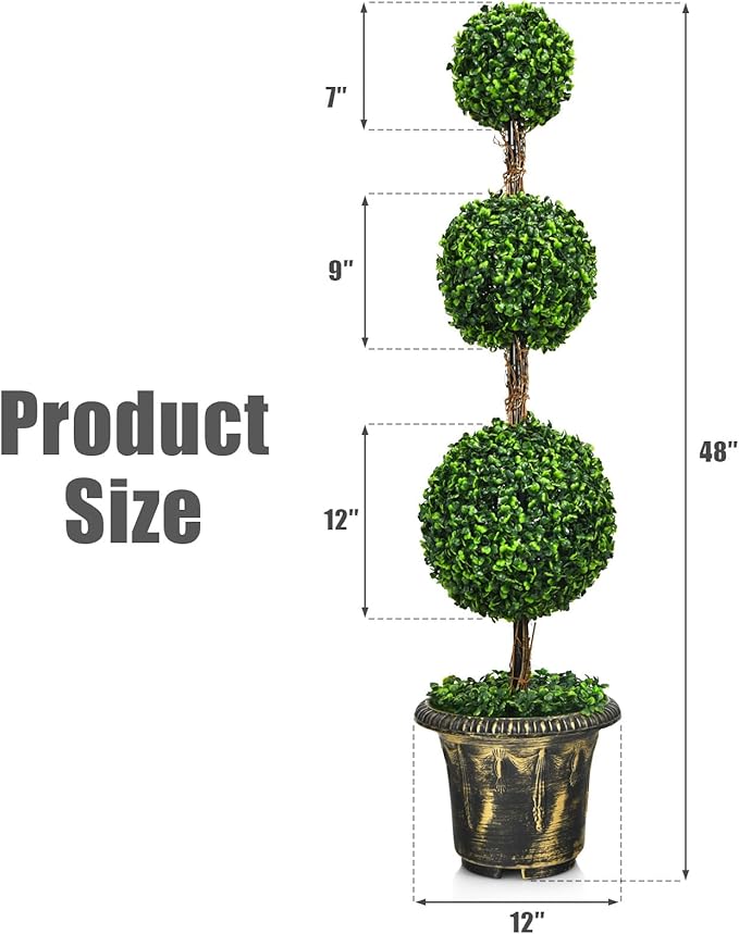 DREAMADE 4ft Topiary Trees Artificial Outdoor, Triple Ball Boxwood Topiary w/Cement-Filled Retro Pot, Fake Plants Shrub Bushes for Home, Office, Porch, Front Door, Entrance, Backyard