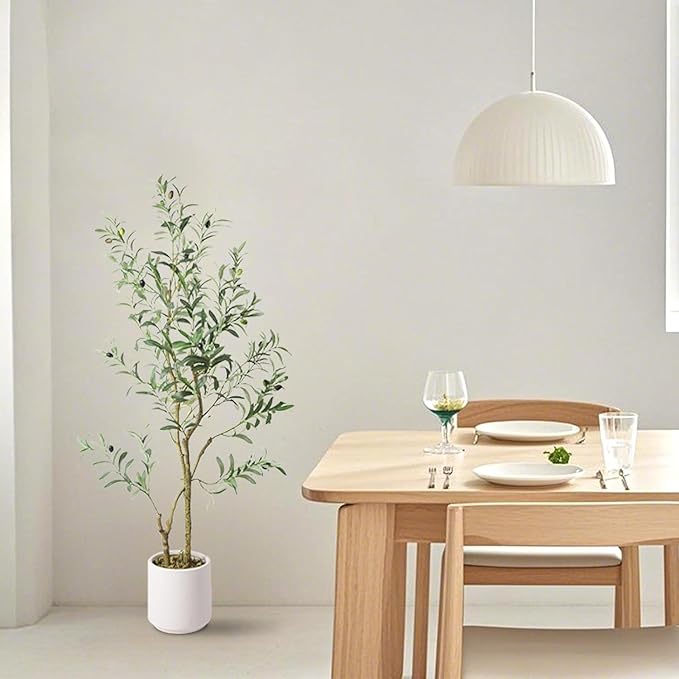 Artificial Fake Olive Tree 4FT Tall 1Pack with White Planter Faux Silk Olive Tree for Home Living Room Office Decor Faux Artificial Plants Indoor with Fruit & Free Moss