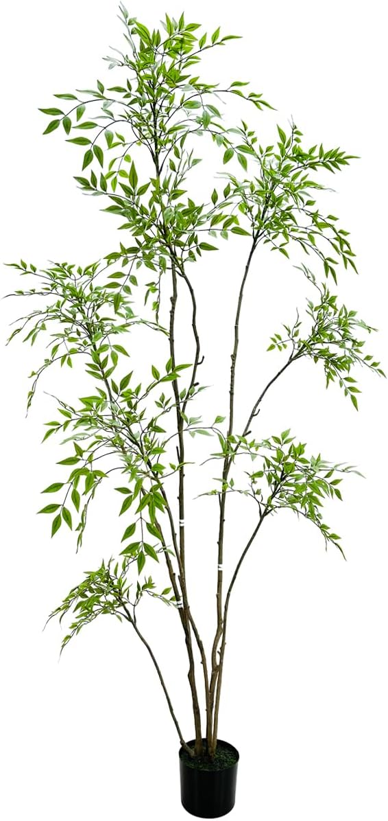 Artificial Nandina Domestica Tree, 7ft Tall Indoor Plant, Potted Faux Greenery with Natural Stems