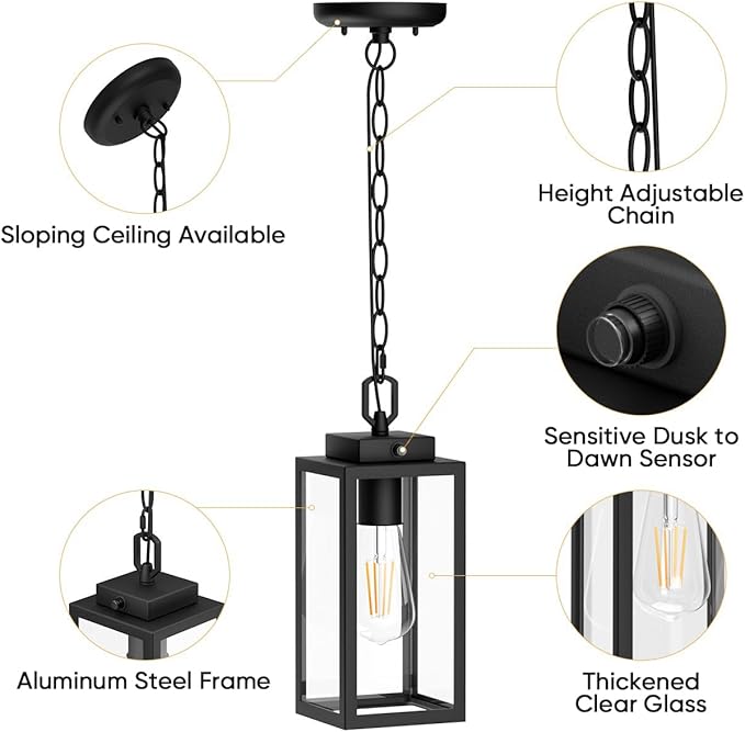 Dusk to Dawn Outdoor Pendant Light, Modern 1-Light Outdoor Hanging Lantern, Matte Black Aluminum with Clear Glass, Exterior Pendant Lighting Fixture for Porch
