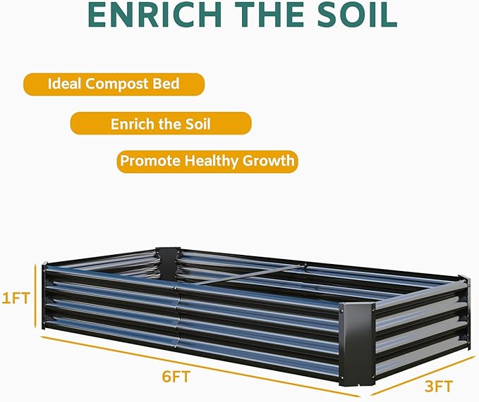 Metal Galvanized Raised Garden Bed Kit, 6 x 3 x 1 ft Galvanized Steel Raised Garden Planter Box Outdoor with Open Base for Growing Vegetables/Flowers/Herbs/Fruits/Succulents, Rectangle, Black
