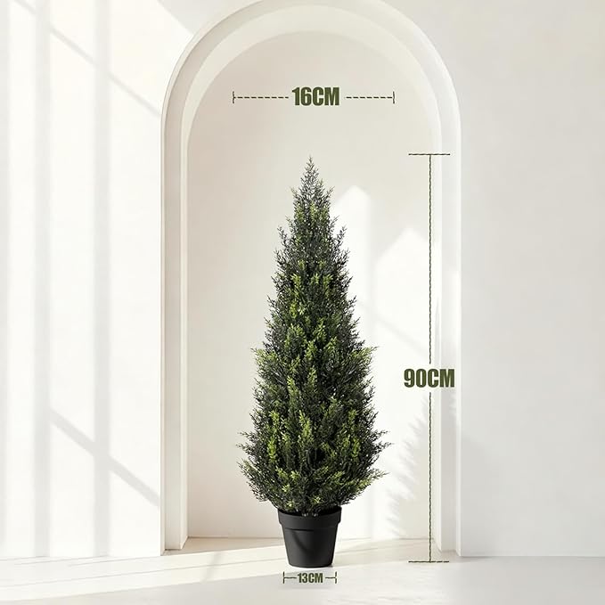 ZEEOZE 3FT Artificial Cedar Topiary Trees (1 Pack) - UV Resistant Faux Evergreen Shrubs Extra Dense Foliage Realistic Fake Pine Cypress Plants Easy Assembly for Front Porch Garden Indoor Office Decor