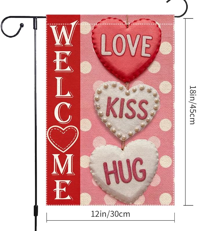 Welcome Love Kiss Hug Garden Flag Valentines Day Garden Flags 12x18 Inch Double Sided Small Burlap Valentine’s Day Seasonal Decor for Outdoor Yard Patio Porch