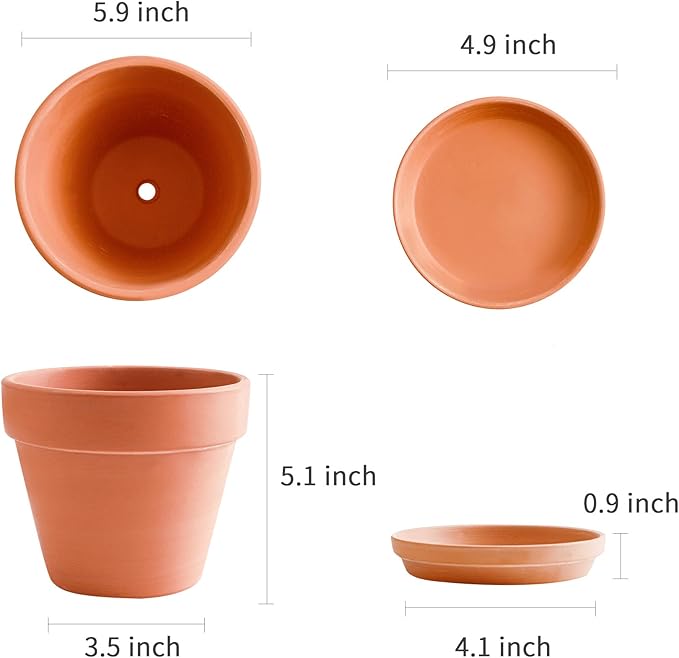 HERDUK Terracotta Pots 6 Inch (4 Pack), Clay Pots for Plants with Drainage Hole and Saucer, Flower Pot with Tray, Large Terracotta Pot for Indoor Outdoor Plant