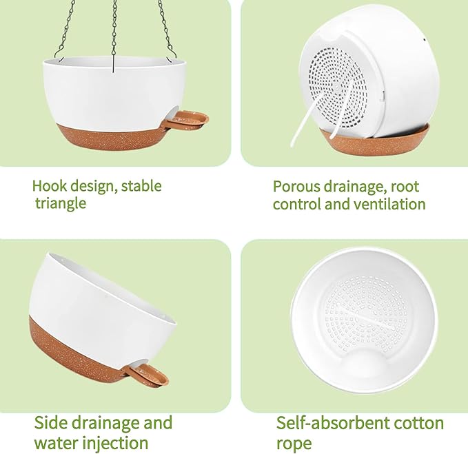 CNLBO 12 Inch Self Watering Hanging Planter for Indoor Outdoor Plants, 2 Pack Hanging Flower Pots with Drainage Holes and Saucers, Plastic Hanging Baskets for Kitchen, Balcony, Garden Decoration