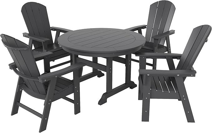 WestinTrends Malibu 5 Piece Adirondack Patio Dining Set, All Weather Poly Lumber Outdoor Table and Chairs Furniture Set, 47" Trestle Round Dining Table and 4 Adirondack Dining Chair, Gray