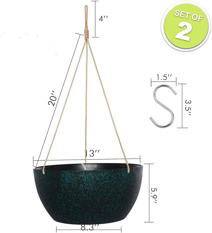 SwinDuck 13 Inch 2 Pack Large Hanging Planters for Indoor Outdoor Plants, Plastic Hanging Basket Pots for House Plants Flowers, Black Speckles