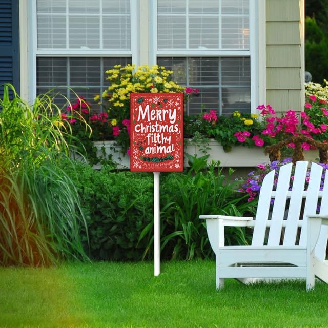 Uptell 8x12 Inch Merry Xmas Ya You Filthy Animal Garden Sign Winter House Yard Sign Porch Xmas Holiday Home Decorations Outdoor With Metal Stakes 12.8 Inch