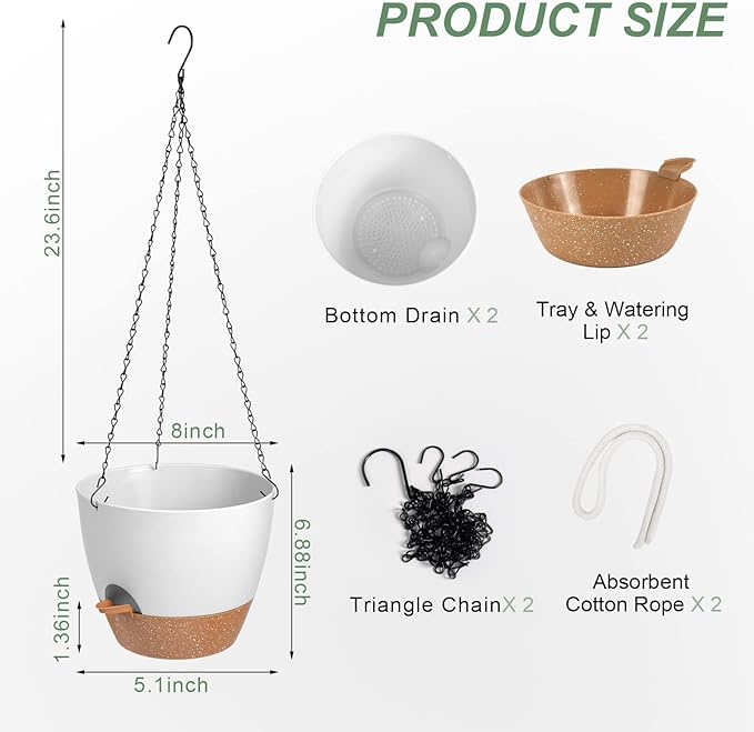 Vanslogreen Hanging Planters for Indoor Outdoor Plants, 2 Pack Self Watering Hanging Pot with Drainage Holes & Removable Tray (White, 8'')