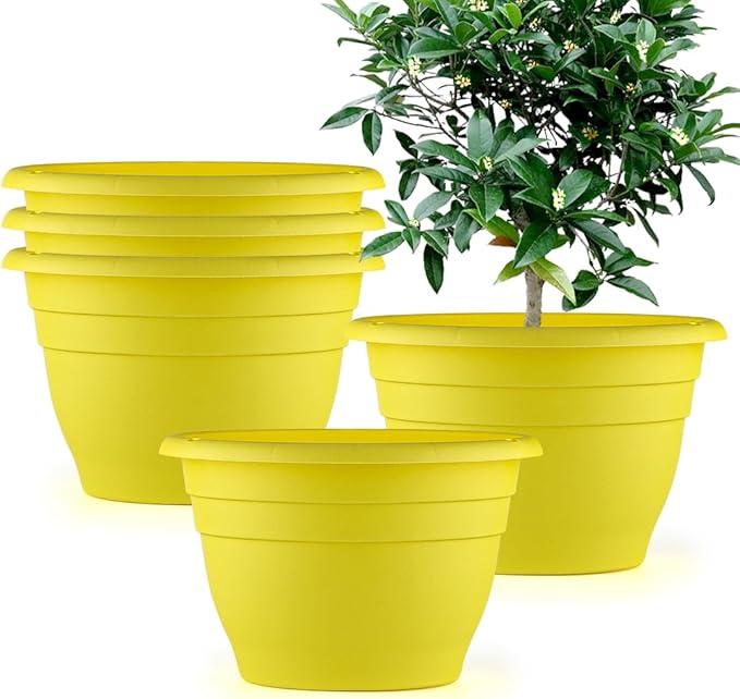 RooTrimmer Plant Pots Set of 5 for Indoor & Outdoor Plants,10 Inch Lightweight Plastic Planters with Drainage Holes,Flower Pots for Healthy Root Growth(Yellow)
