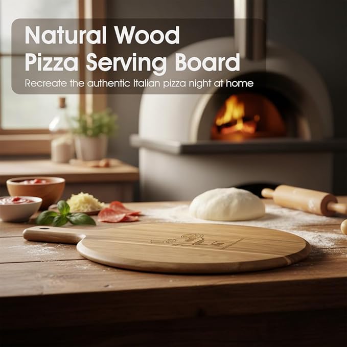 GleeNflux 12" Acacia Wood Charcuterie & Pizza Serving Board Set with Pizza Cutter, Rustic Wooden Board for Cheese, Appetizers & Entertaining, Thoughtful Housewarming Gift