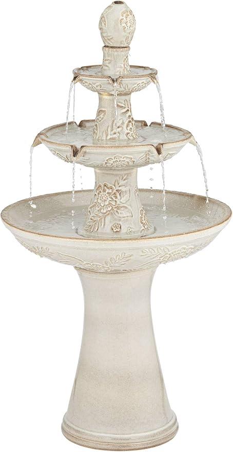 Formentera 45" High Large Italian Outdoor Decor Ceramic Floor Fountain with Light LED Waterfall 3-Tier Standing Basin Water Feature for Outside Garden Patio Yard Backyard Porch - John Timberland