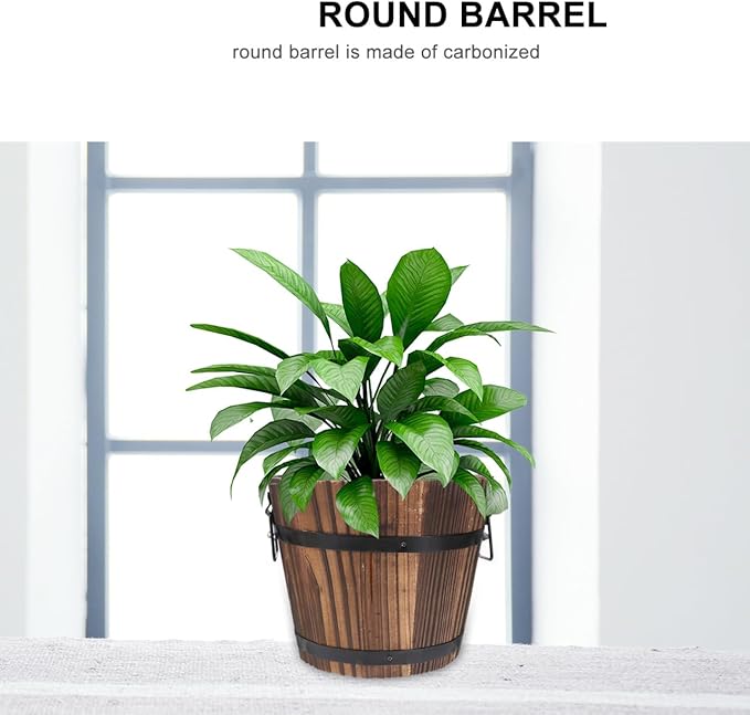 Wooden Barrel Flower Pot - Rustic Planter for Indoor & Outdoor Use with Drainage Holes - 7 Inch Brown Planter for Decorative Plants & Vegetables