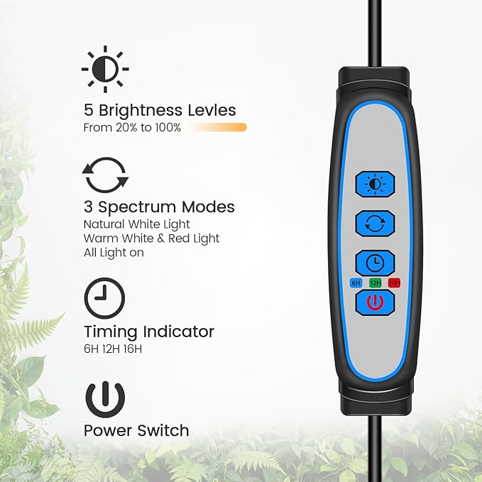 Garpsen Grow Light, 6000K Full Spectrum Plant Light with Timer 6/12/16Hrs, Rectangular Grow Lamp with Clip & Gooseneck for Indoor Plants, 3 Spectrums and 5 Dimmable, 2Pack