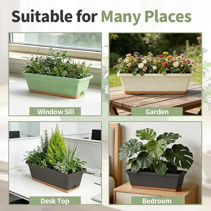 Window Box Planter, 6 Pack Plastic Vegetable Flower Window Planters Boxes 16 Inches Rectangular Flower Pots with Drainage Holes and Saucers (Mixcolor)