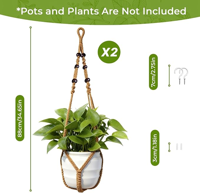 EJGIEGSO Macrame Plant Hanger, Up to 4-15 inch Pots, Wood Beads Cotton Hanging Planter Holder for Indoor Outdoor Boho Home Decor, 35 Inch, Set of 2 (Brown)