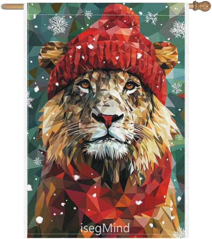 Lion with Red Scarf and Hat Snowflake Christmas Garden Flag, 28x40 Inch Double Sided Linen Holiday Red Winter Farmhouse Yard Outdoor Decoration (4328)