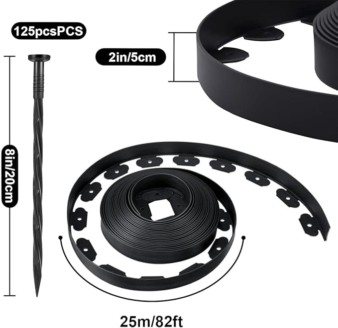 82FT Landscape Edging, 2IN Tall Garden Edging Borders with 125pcs Stakes,Flexible Lawn Edging Border Kit,Mini Plastic Fence for Yard Flowerbeds,Grass