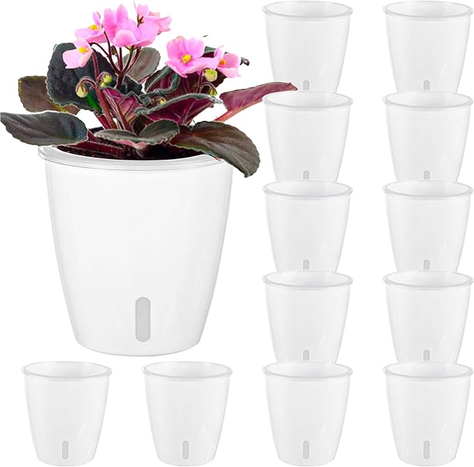 KvyusFlourish Self-Watering Pots for Indoor Plants, 12-Pack 5'' Self Watering Planter with Drainage Holes, Small African Violet Pots with Water Indicator, Clear Wick Pot, White