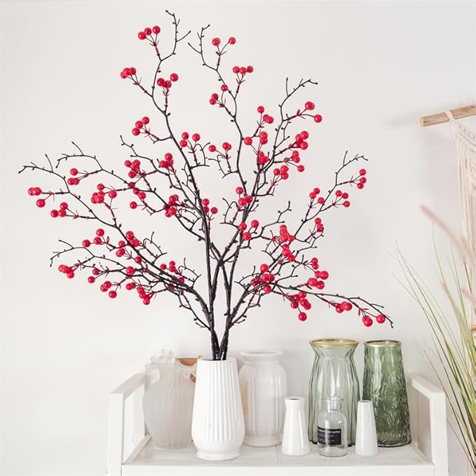 KYMY Artificial Red Berry Branch 27.5 Inch, Faux Winter Berry Stem for 2026 Chinese Vietnamese New Year Decorations, Realistic Holiday Floral Pick for Vase Table Home Party Decor