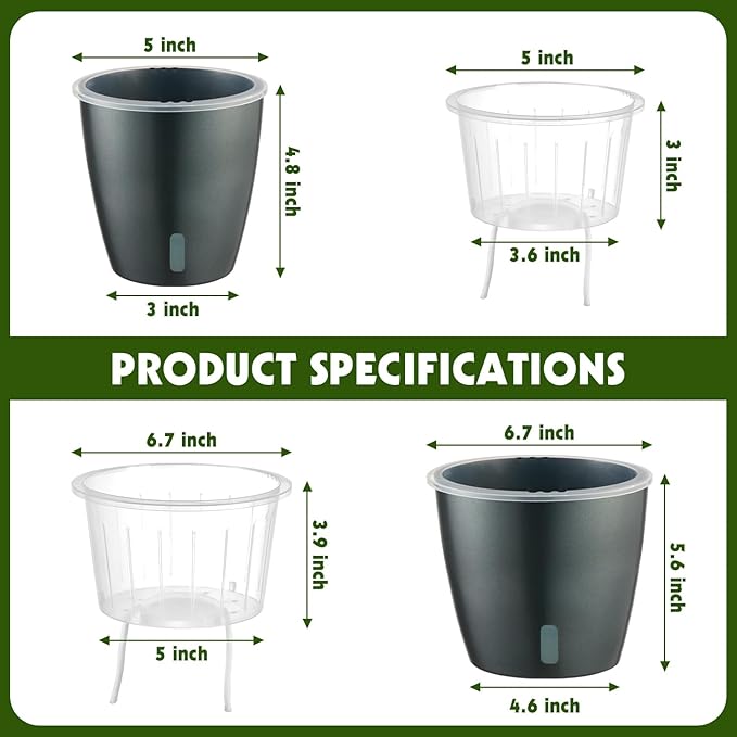 KvyusFlourish Self Watering Pots for Indoor Plants, 6-Pack 5'' Self Watering Planter with Drainage Holes, Small African Violet Pots with Water Indicator, Clear Wick Orchid Pot, Grey Gold