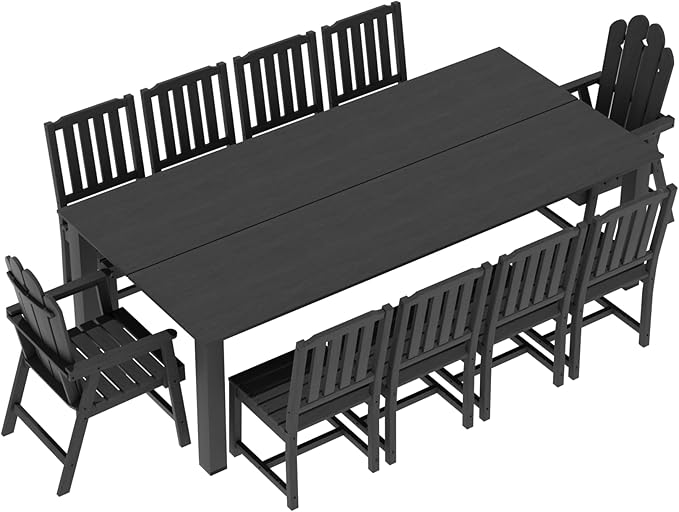 11-Piece Patio Dining Set for 10, HDPE All-Weather Outdoor Furniture with Umbrella Hole Table, 89.76” Oversized Table, 2 Armchairs & 8 Armless Chairs, Black