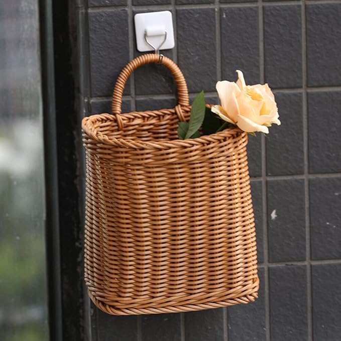 Woven Seagrass Storage Basket - Wall Mounted Planters with Rattan Flower Pot - Hanging Wicker Basket