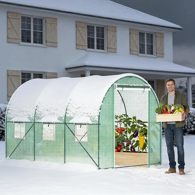 Greenhouses for Outdoors, Walk-in Green Houses for Outside Heavy Duty, Large Greenhouse with 6 Ventilated Screen Windows & Roll-up Door & Reinforced Frame (10×7×7 FT Without Irrigation System)