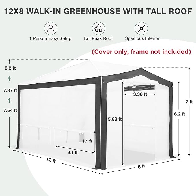 EAGLE PEAK Replacement Cover for 12x8 Pop up Greenhouse with Polyester Reinforced Corners, Front and Rear Roll-Up Zipper Entry Doors and 4 Roll-Up Side Windows (Frame Not Included), Gray/White