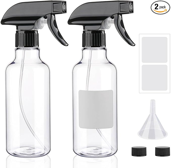 Plastic Spray Bottles 12oz 2 Pack Adjustable Mist/Stream Spraying Heavy Duty Square Water Spray Bottles for Hair, Cleaning Solutions, Plants, Cooking，BBQ，Essential Oils (BlackClear)