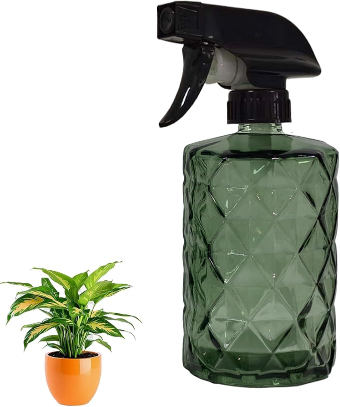 Green Glass Plant Mister Bottle, 12oz Refillable Water Spray Bottle with Adjustable Mist Nozzle for Indoor Flowers, Outdoor Gardening, Cleaning, Hair and Pets Care