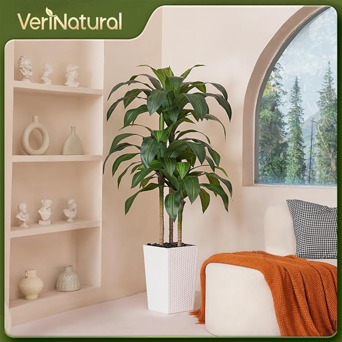 VeriNatural Artificial Dracaena Tree 5FT - Fake Tree with White Taper Planter & Pebbles - UV Resistant Faux Yucca Tropical Plant - Artificial Trees for Home Office Living Room Decor Indoor Outdoor